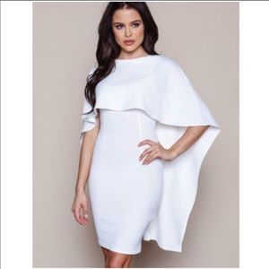 High Fashion White cape low V back zip dress